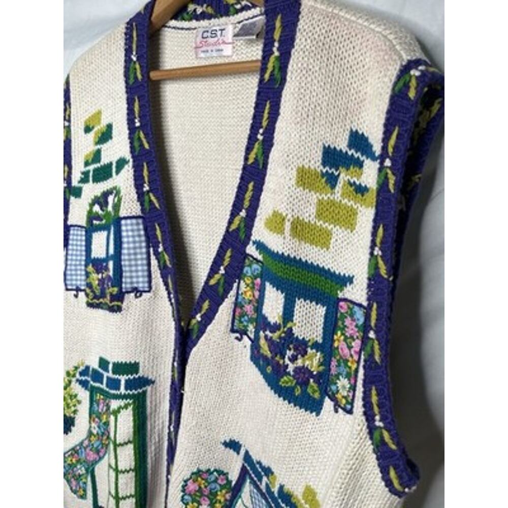 CST Studio Knit Sweater Vest Size 2x Floral Window Box Graphics Ramie Blend - Picture 3 of 14